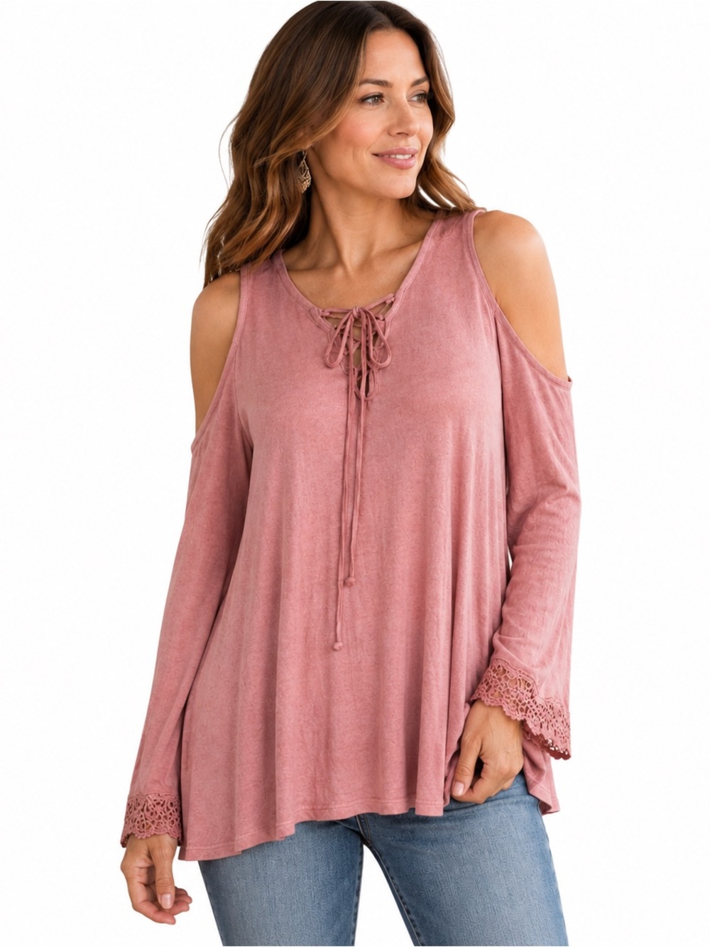 143 Story by Line Up Womens Small Blush Pink Crochet Bell Sleeve Peasant Blouse